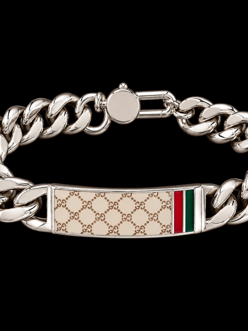 Gucci Silver-Tone Men's ID Bracelet with Beige, Red and Green Accent